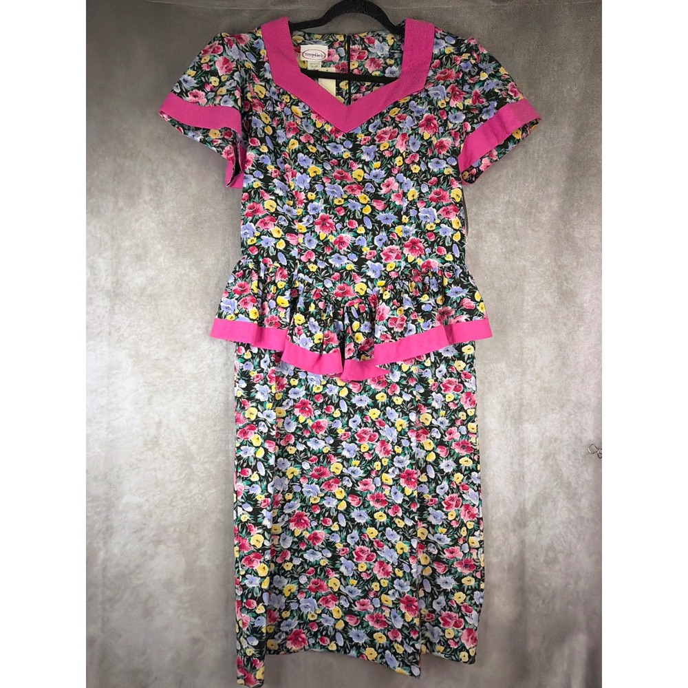 NWT VTG Amy-Deb Dress Womens 14 Multicolor Floral Peplum V-Neck 80s Made in USA